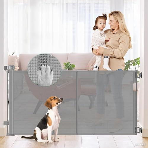 Image of Reinforced 50" Wide Retractable Dog Gate for Stairs, Retractable Baby Gates with Support Rods - Bottom Anti-Escape, Indoor Long Baby Gate Outdoor Gates for Decks, Child Gates for Doorways/Patios, Gray