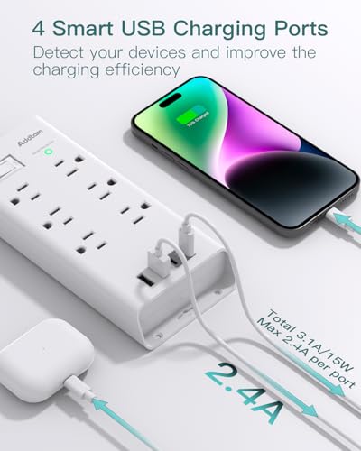 Image of Addtam Power Strip Surge Protector 6 Outlets and 3 USB Ports 5Ft Long Extension Cord, Flat Plug Overload Surge Protection Outlet Strip, Wall Mount for Home, Office and Dorm