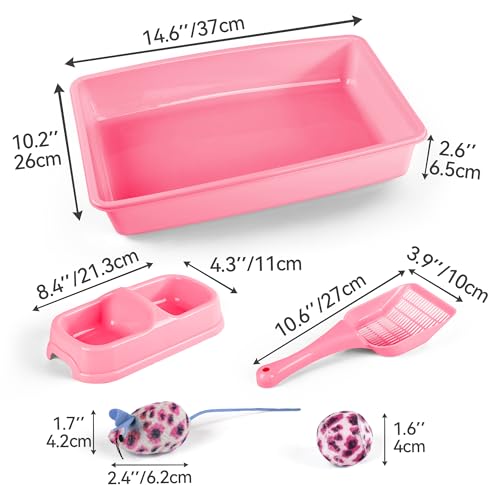 PAWISE Small Cat Litter Box Kit for Kittens – 5‑Piece Kit with Low Entry Litter Pan, Scooper, Feeding Bowls & Mouse Toy – Cat Starter Set for New Kitty Home, Pink - Image 3