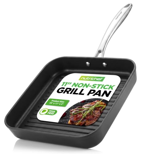 NutriChef 11' Non-Stick Grill Pan for Indoor Cooking - Hard Anodized Grill Pan for Stove Tops with...