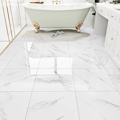 WESTICK Peel and Stick Floor Tile can be Removed Bedroom and Kitchen Floor Wall Decoration Stickers Gray and White Marble Floor Tiles 12"x12"x1mm Thick (5 Pcs, Covering 5 Square feet)