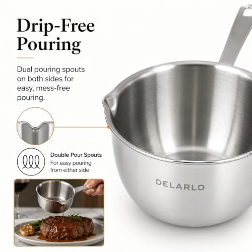 Image of DELARLO Tri-Ply Stainless Steel Small Stainless Steel Pot with Pour Spout | Mini Sauce Pan for cooking, for Butter Melting, Chocolate, Milk, Induction Compatible, Small Pot with Lid