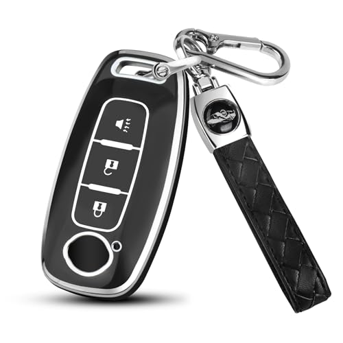 FT FUNTOR for Nissan Key Cover 3 Buttons TPU Key Case with Silver Edge Compatible with 2023 2024 2025 Nissan Pathfinder Rogue Kicks with Keychain (3-Black)