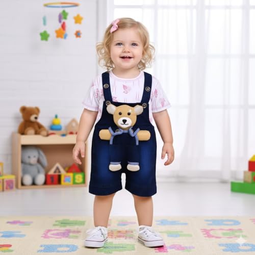 Image of A.T.U.N. (ALL THINGS UBER NICE) Baby Girls Cotton Denim Dungaree Set with 3D Teddy Bear Design |Printed T-Shirt with Adjustable Straps | Stylish & Comfortable Daily Outfit for Baby Unisex
