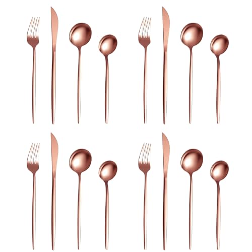 Image of aDai Rosegold Silverware Set | Satin Finish 16-Piece Stainless Steel Flatware Set | Dishwasher Safe Cutlery for Home, Restaurant & Gifting
