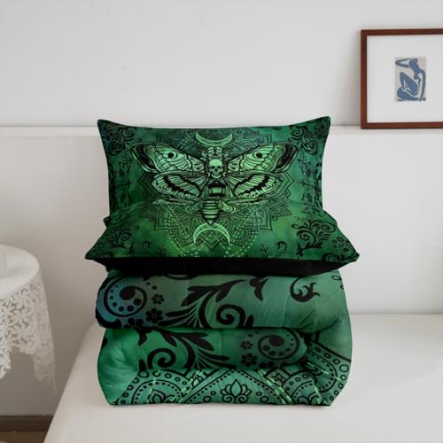 Image of Feelyou Boys Girls Gothic Bedding Set Full Size, Dark Green Damask Comforter Set Kids Death Moth Bohemia Boho Duvet Insert Teens Bedroom Decor with 2 Pillow Case