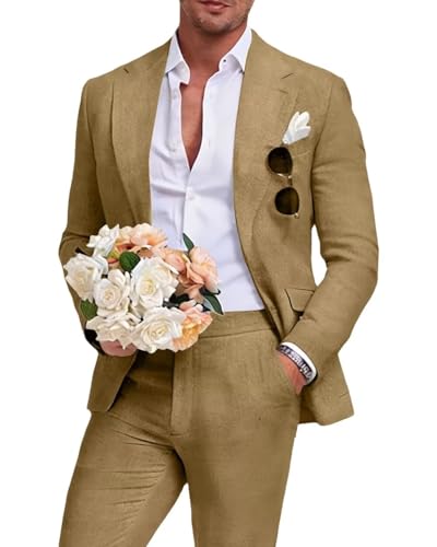 Image of Men's Linen Suit 2 Piece Slim Fit Summer Beach Wedding Prom Party | Breathable,Linen Blazer Suit Set,for Beach Weddings,Groom Wear,Prom and Outdoor Parties,Business Casual,Vacation Daily Wear