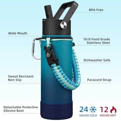 Image of BJPKPK 22oz Insulated Water Bottle with 3 Lids, Straw Lid & Handle