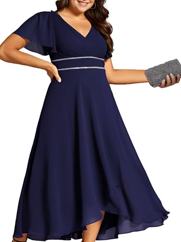 Ever-Pretty Plus Women's Chiffon V-Neck Beading Ruffles Sleeves Maxi High Low Plus Size Formal Dresses