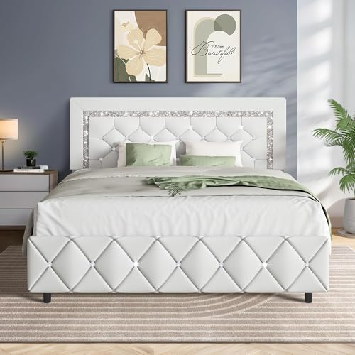 HOMBCK Full Platform Bed Frame with Upholstered Diamond Headboard, Mattress Foundation with Strong Wooden Slats Support, No Box Spring Needed, Easy Assembly, Pearlized White