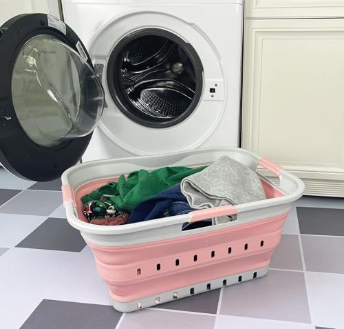 Image of SAMMART 42L (11 gallon) Collapsible Plastic Laundry Basket - Foldable Pop Up Storage Container /Organizer - Space Saving Hamper /Basket (1, Grey /Quartz Pink)