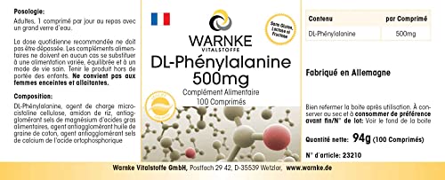 DL-Phenylalanin 500mg - 100 Tabletten - hochdosiert & vegan | Warnke Vitalstoffe - Deutsche Apothekenqualität