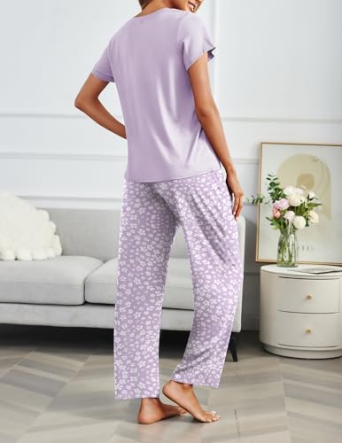 Image of Ekouaer 2 Pack Pajamas for Women Set Short Sleeve Sleepwear Top and Pants Pjs Soft Printed Lounge Sets with Pockets