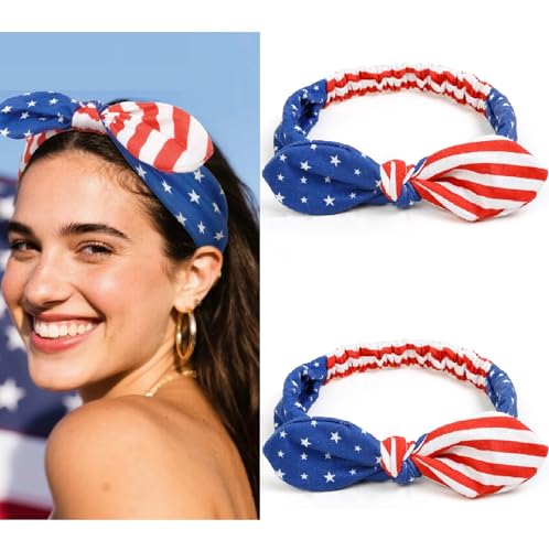Huachi 4th of July Headband for Women with Bow American Flag Headbands USA Patriotic Hair Accessories Cute Red White and Blue Bow Headbands 2PCS