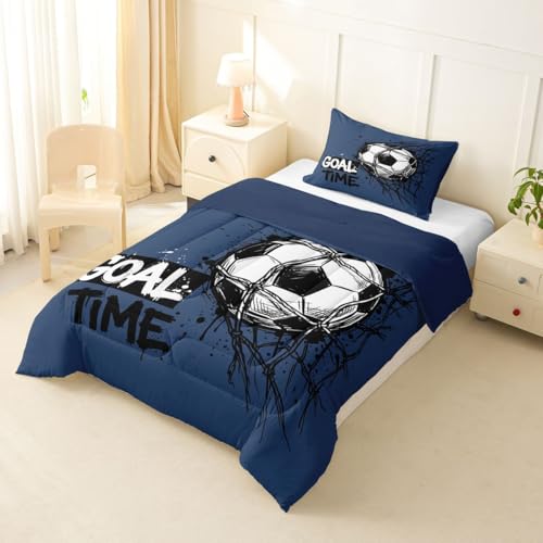Image of Feelyou Soccer Kids Comforter Set Twin Size Soccer Ball Game Bedding Set Blue Gaming Sports Duvet Quilt for Kids Boys Girls Bedroom Gift for Football Lover Decor Microfiber Ultra Soft Breathable