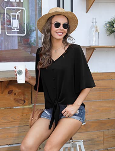 AWULIFFAN Women's Casual V Neck Batwing Sleeve Tops Tie Front Chiffon Blouses Button Down Shirts3