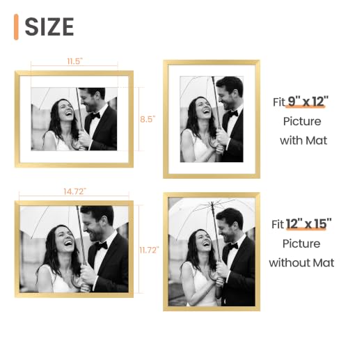 Image of upsimples 12 x 15 Frame, Display Pictures 9x12 with Mat or 12x15 Without, Wall Hanging Photo Frame, Gold, 1 Pack