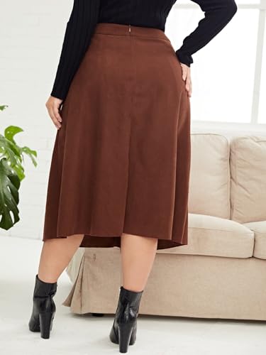 High Waisted Midi Skirt for Women Plus Size, Brown A-Line Button Front Vintage Flowy Skirt3