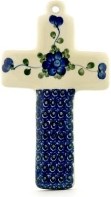 Polmedia Polish Pottery Cross - Blue Poppies Pattern Handmade in Boleslawiec Poland by Ceramika Artystyczna + Certificate of Authenticity