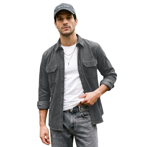 Image of Urbano Fashion Men's Corduroy Full Sleeve Regular Fit Solid Overshirt with Utility Pockets