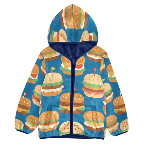 Burger Pattern with Flags Toddler Fleece Jacket Girl Boys Hooded Fleece Jacket Coat Warm Outwear Zip-up 3-10T