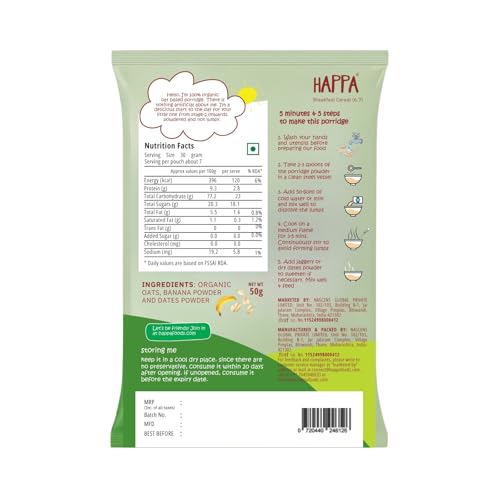 Image of Happa Oatmeal and Banana Organic Cereal for Babies | Only 2 Ingredients | No Sugar, Oil, Milk Powder, Flavours or Colours | Traditional Porridge Recipe | Cooks in 3 Minutes | Stage 2 (6 Months+) | 50g Pack