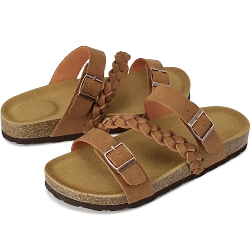 Image of HARENCE Flat Sandals for Women 2026 Comfort Cork Footbed with Adjustable Buckle Summer Slides for Women for Vacation Walking