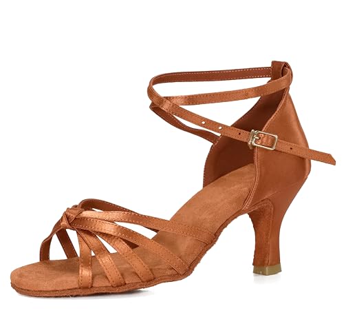 VASHCAME - Ballroom för kvinnor / latinska dansskor sandaler, Brun knut klack 7 cm, 39 EU