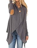 Sexyshine Women's Long Sleeve Elbow Patch Irregular Draped Open Front Button Knit Cardigan Coat(GY,M) Grey