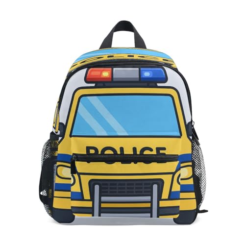 Wudan Giallo e Blu Auto Della Polizia Vista Frontale Kid Zaino Prescolare Bambini Libri Borsa per Elementare, Vista frontale della polizia gialla e blu, Small
