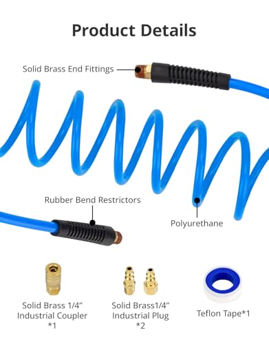 FETIONS Mangueira de ar de 1/4 pol. x 25 pés, mangueira de compressor de ar com conexões macho de la