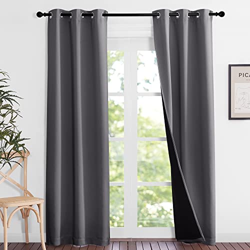 Image of NICETOWN Grey Full Shade Curtain Panels, Pair of Thermal Insulated & Energy Efficiency Blackout Curtains for Living Room Windows, Lined Silky Performance Window Dressing (37 inch Wide x 84 inch Long, Gray)