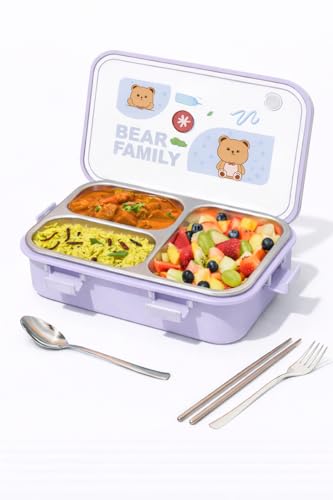 Image of Brand Conquer Lunch Box Leak-Proof BPA Free Stainless Steel for School, Lunch Box for School & Office with a Fork, a Spoon and a Pair of Chopsticks (Purple, Bear Family 3 Compartment)