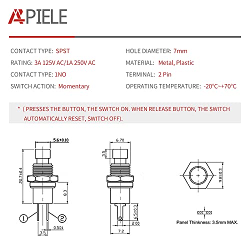 Apiele Momentary Push Button Switch 7Mm Spst 1A 250V Ac 2 Pin No Mini Momentary Switch With 200Mm Pre-Soldered 10Pcs (Red) #TOP1