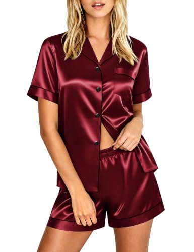 Image of LecGee Womens Silk Satin Pajamas Short Sleeve Loungewear Two-Piece Sleepwear Button-Down Pj Set