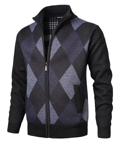 Men's Argyle Cardigan Full Zip Knitwear Fleece Lined Jumper Knit Sweater