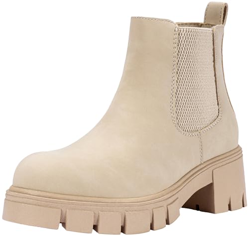 Vepose Women's Beige Chelsea Ankle Boots Platform Elastic Slip on 936 Booties with Low Lug Sole Chunky Block Heel Size 8 (CJY936 Beige 08)