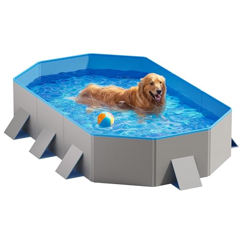 Peteast Foldable Dog Pool with Sturdy Square Design, Durable 71" Lx39 Wx12 D Extra Large Portable Pet Bathtub with Reinforced Sidewalls for Stability, Ideal for Indoor & Outdoor Use (Blue&Gray)