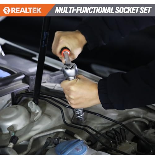 REALTEK 66 Piece 1/4 Inch Drive Socket Set, Ratchet Wrench Set with Bit Socket Set, 72 Teeth Quick Release Reversible Ratchet Set with Flexible Extension Rods for Auto Repairing and Household