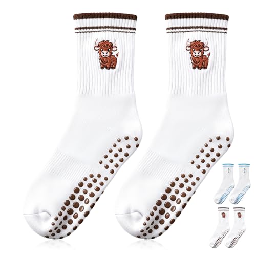 Newcotte Pilates Socks for Women Non Slip Grips Socks Pilates Class Yoga Barre Workout Hospital Gift for Women Friends(Highland Cow)