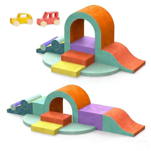 Image of Foam Climbing Blocks for Toddlers, 12 PCS Colourful Toddler Climbing Toys Indoor, Soft Play Set with Toy Car, Flexible Crawling and Sliding Climbing Blocks