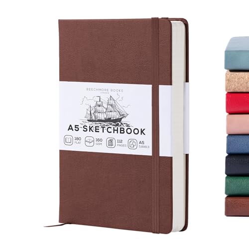 Beechmore Books A5 Sketchbook – 5.8x8.3 Premium Vegan Leather Bound Large Sketch Book Hardcover with 156 Thick 160gsm Perforated Ivory Pages, Blank Sketch Pad, Gift Boxed Back Pocket, Ribbon Bookmark