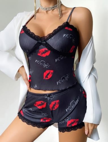 Image of Avidlove Women's Soft Ribbed Knit Cami Pajama Set Sexy V Neck Lace Trim Sleepwear Side Slit Shorts Lingerie Nightwear