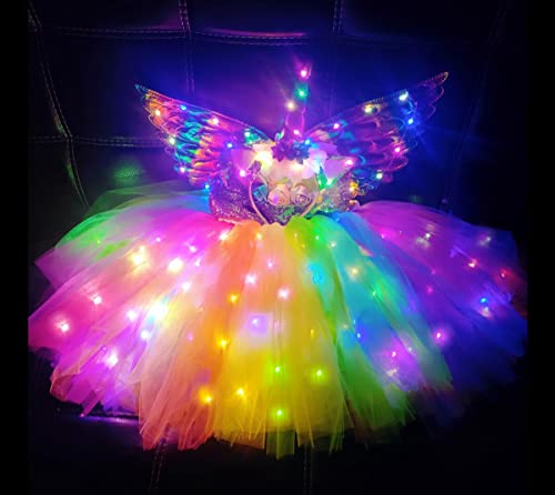 SHINYOU Girls Unicorn Costume, Rainbow Unicorn Dress, LED Light Up Unicorn Tutu with Wing for Halloween Birthday Gift