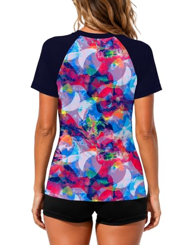 Image of AOBUTE Women Short Sleeve Rash Guard UPF 50+ Tropical Sun Protection Floral Swim Shirts