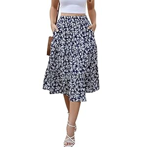 Lyrur Women’s Floral Midi Skirt with Pockets High Elastic Waist Flowy Ruffle Casual Summer Boho Aline Skirts