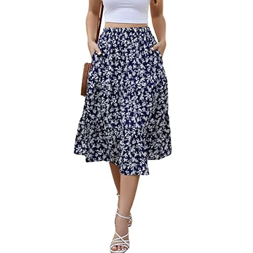 Lyrur Women’s Floral Midi Skirt with Pockets High Elastic Waist Flowy Ruffle Casual Summer Boho Aline Skirts