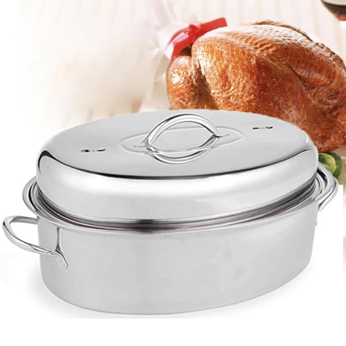 Generic Specialty Stainless Steel Covered Oval Roaster Turkey Roaster Pan with Steamer Rack and Lid Portable Baking Tray for Oven Cooking Grilling Turkey Chicken at Home or Thanksgiving,large(Large)