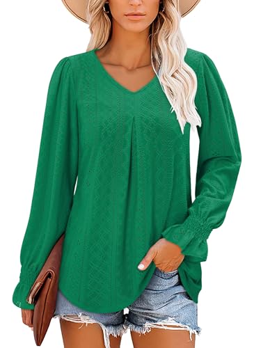 KISSMODA Long Sleeve Fall Shirts For Women V Neck Tunic Tops Embroidered Button Down Knitted Blouses 2025