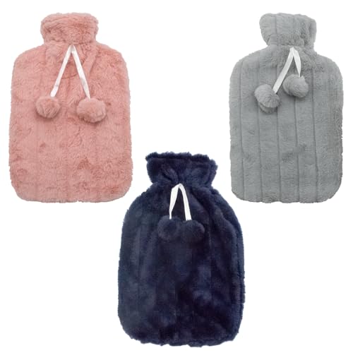 3PC Large Fluffy Hot Water Bottle Covers – Covers Only (Hot Water Bottle Not Included) – One Size for 2 Litre Bottle – Blush Pink, Grey and Navy – by TRIXES